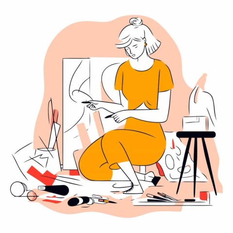 Fashion designer working in her studio in sketch style.