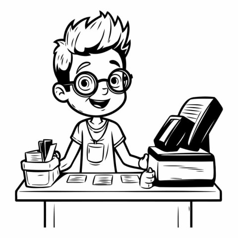 Boy with glasses working at the office. black and white vector i