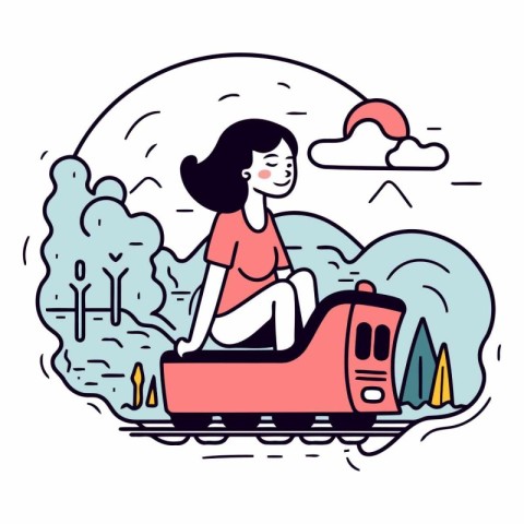 Vector illustration of a girl sitting on a car in the park.