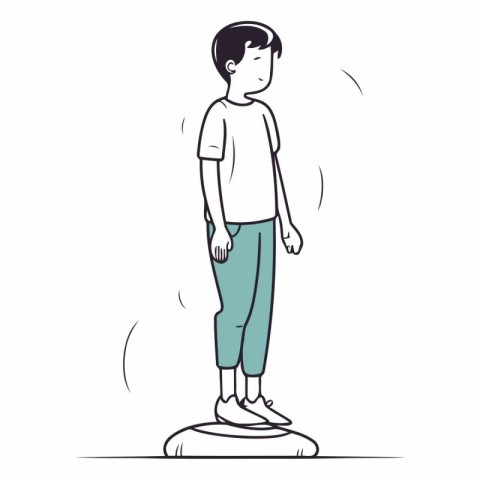 Boy standing on the scale of a cartoon boy.