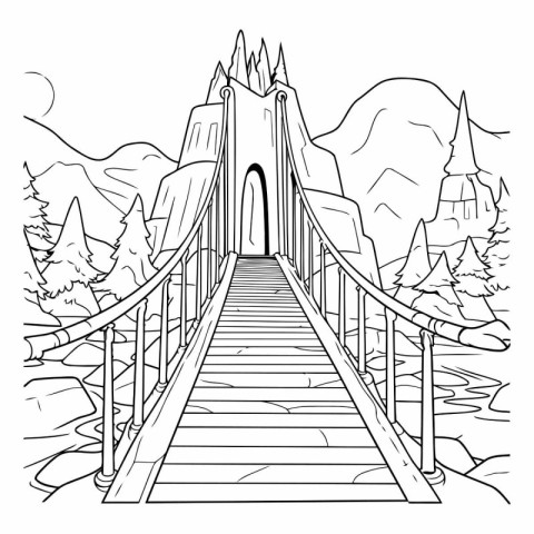 Black and white vector illustration of a wooden bridge over a mo