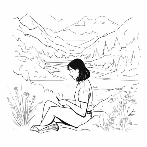 Girl sitting by the lake and looking at the mountains