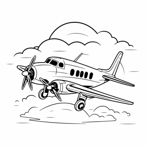 Airplane flying in the clouds. Black and white vector illustrati