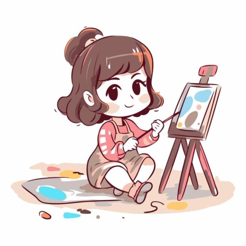 Illustration of a Cute Little Girl Painting on the Easel