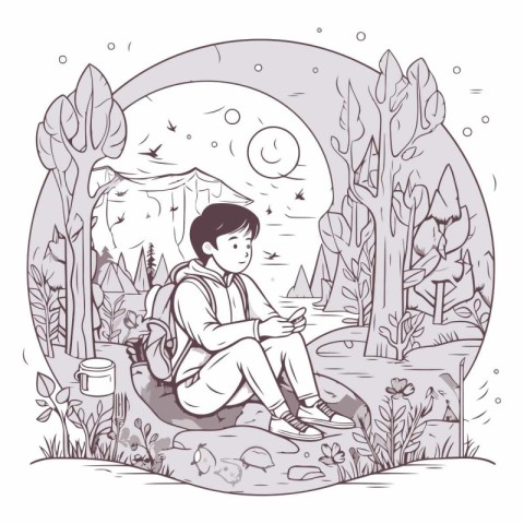 Vector illustration of a boy sitting on a rock in the forest.