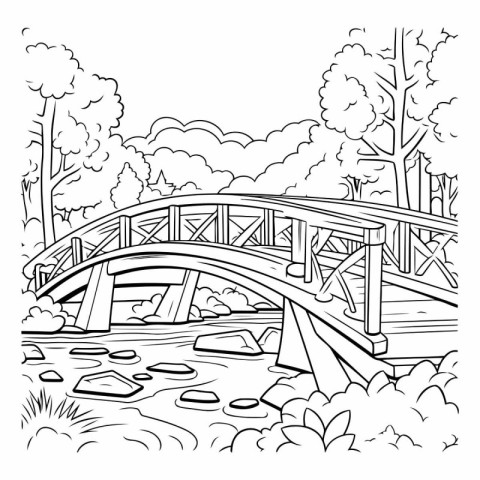 Bridge over the river. black and white vector illustration for c