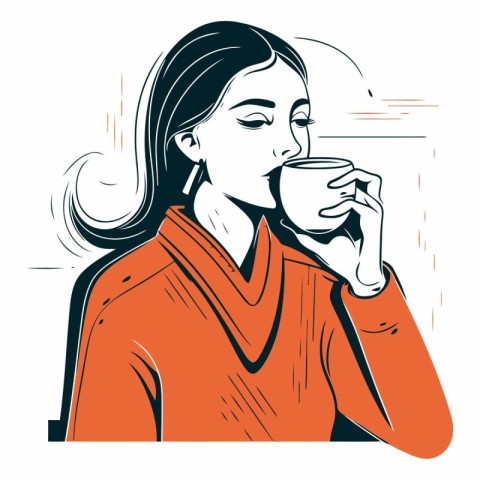 Vector illustration of a young woman in a red coat drinking coff