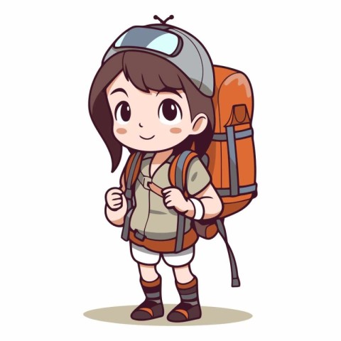 Boy hiker with backpack. Cute cartoon character.