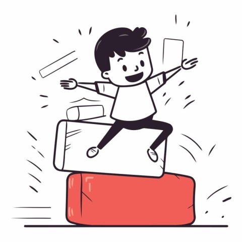 Happy boy jumping on the stairs in cartoon style.