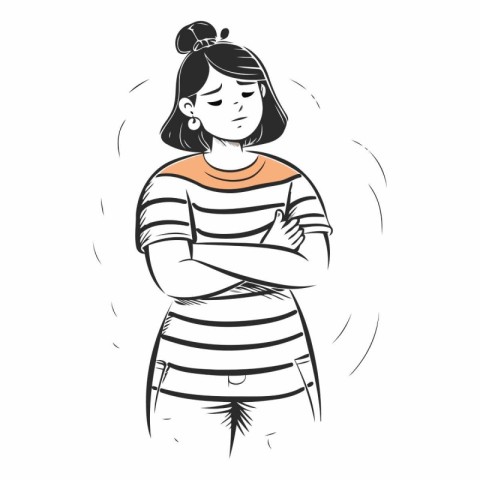 Vector illustration of a young woman in a striped T-shirt with h