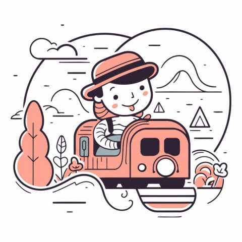 Cute little girl traveling by train in thin line style.