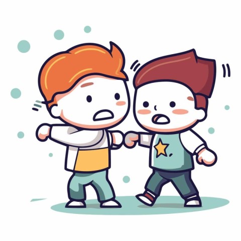 Cute cartoon boys fighting. Colored background.