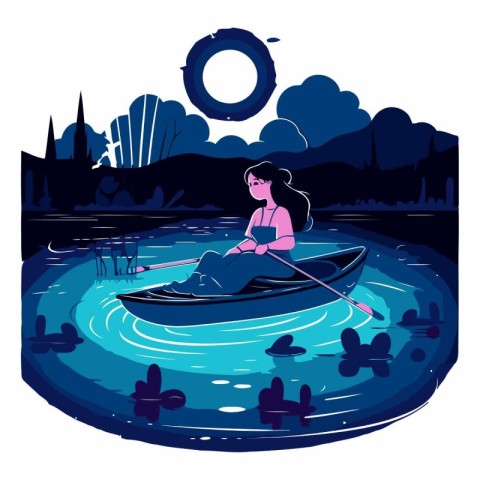 Woman in a boat on the lake in flat cartoon style.