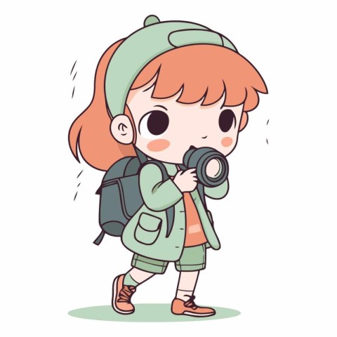 Illustration of a Cute Little Girl with a Backpack and Camera