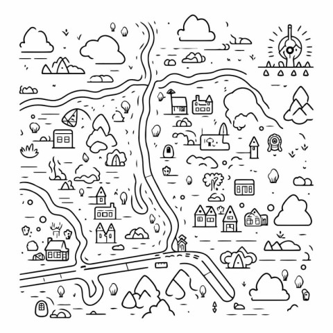 Vector line art illustration of village and nature. Outline icon