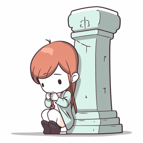 Cute little girl sitting next to a column.