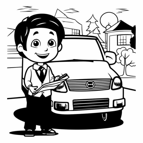 Illustration of a Businessman Carrying His Car and Reading a New