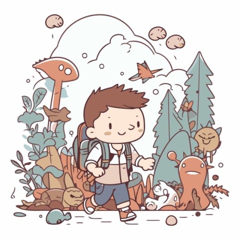 Cute little boy hiking in the forest. Hand drawn vector illustra