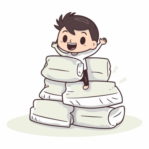 Cartoon little boy with stack of pillows.