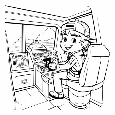 Boy playing slot machine in the bus for coloring book.