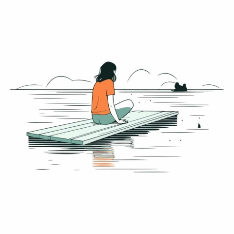 Girl sitting on a pontoon on the lake.