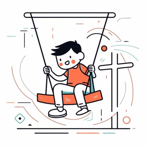 Boy swinging on a swing in flat linear style.