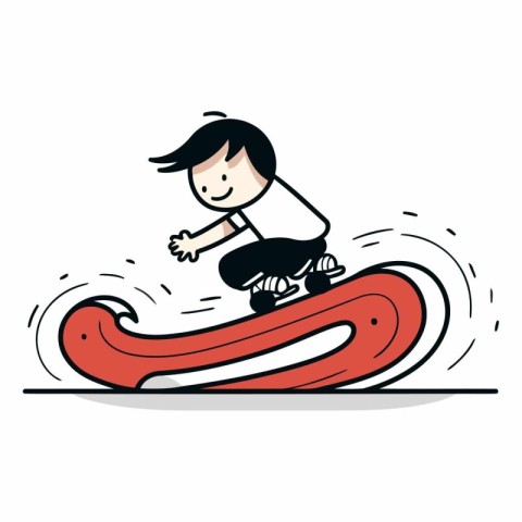 Boy sliding on a snowboard on white background.