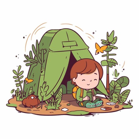 cute little boy camping in the camp vector illustration design v