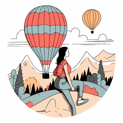 Woman with hot air balloon in hand drawn style.