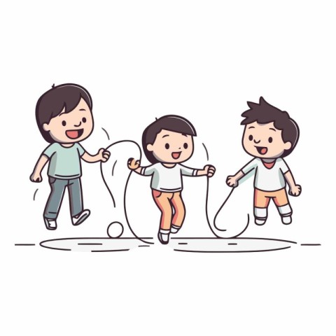 Children playing with jumping rope in doodle style.