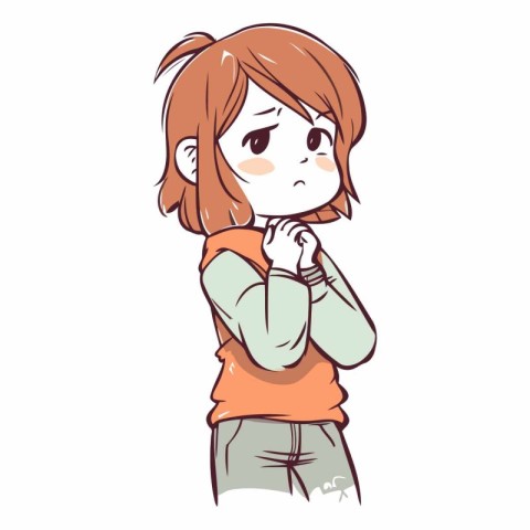 Young woman who is worried about something in cartoon style.