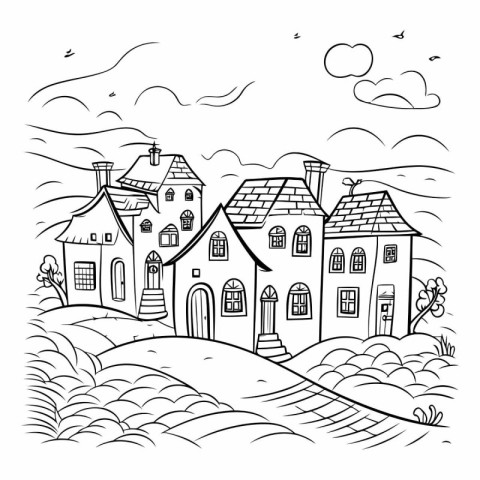 Hand drawn vector illustration of a small village in the country