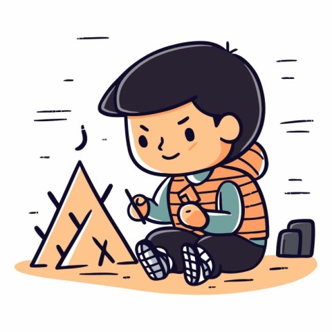 Boy sitting on the ground and making campfire.