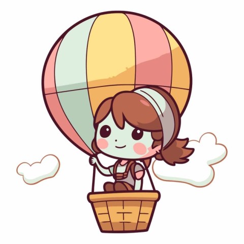 Cute cartoon girl flying in hot air balloon.