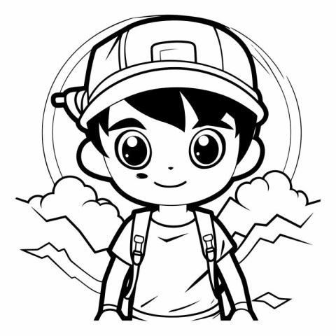 Black and White Cartoon Illustration of Cute Little Boy Scout Ch