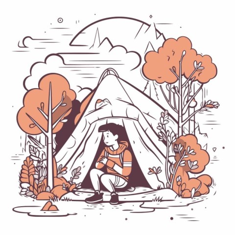 Vector illustration of a little girl sitting in a tent in the fo