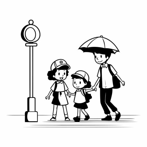 Father and daughter walking in the street under umbrella.