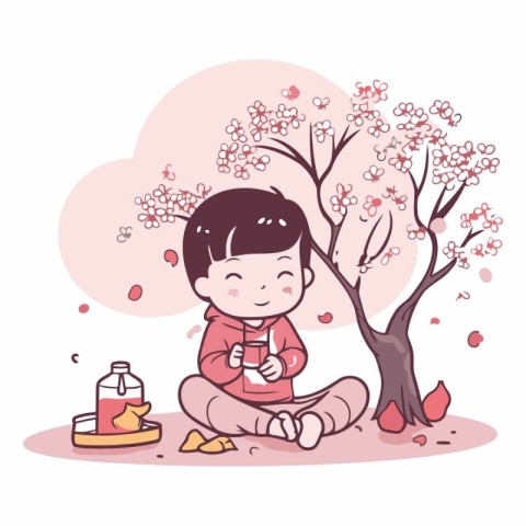 Cute little boy sitting under a tree and holding a cup of tea