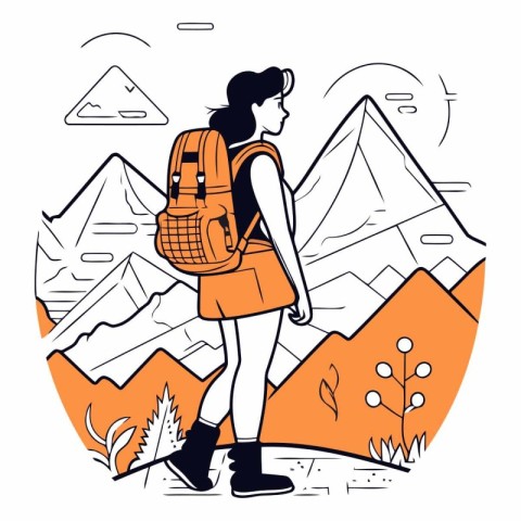 Hiking woman with backpack in mountains in line art style.