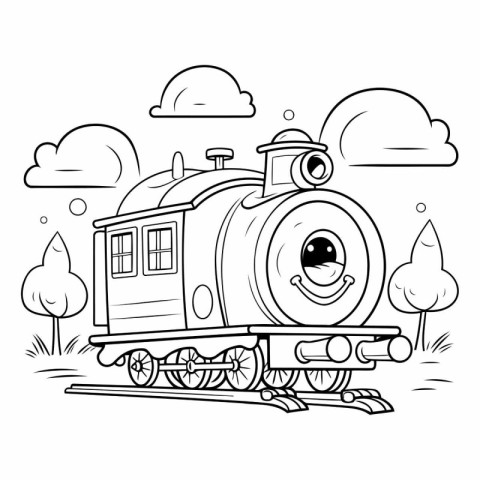 Black and White Cartoon Illustration of Funny Steam Train Charac