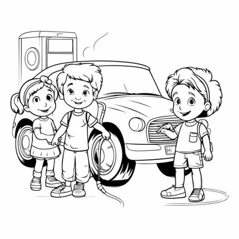 Black and white vector illustration of a group of children stand