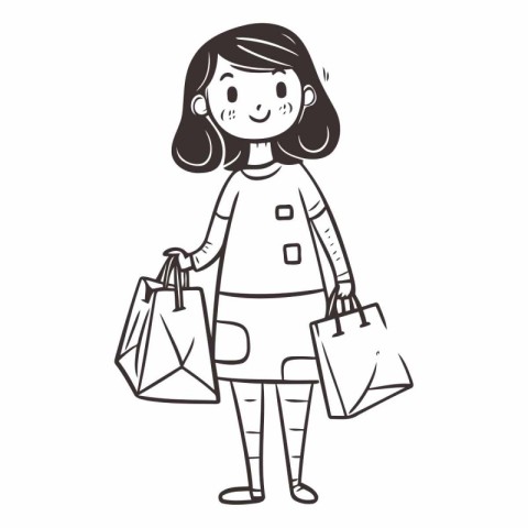 Illustration of a woman carrying shopping bags. Black and white.