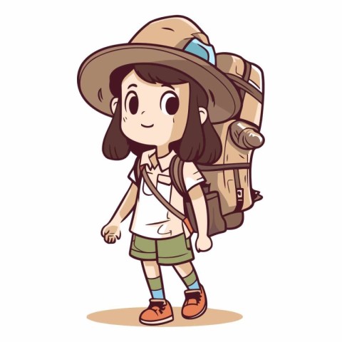 Tourist Girl with Backpack and Hat Cartoon Vector Illustration.