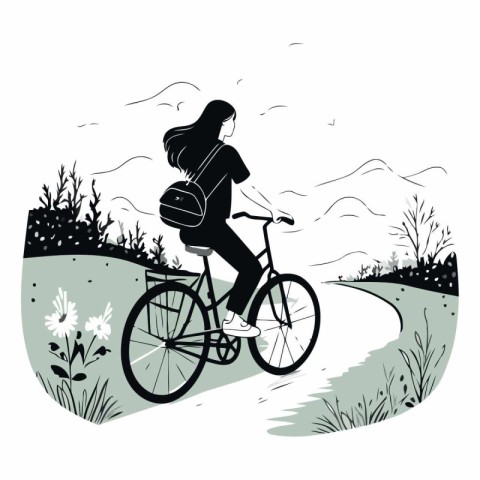 Young woman riding a bicycle in the countryside on white backgro