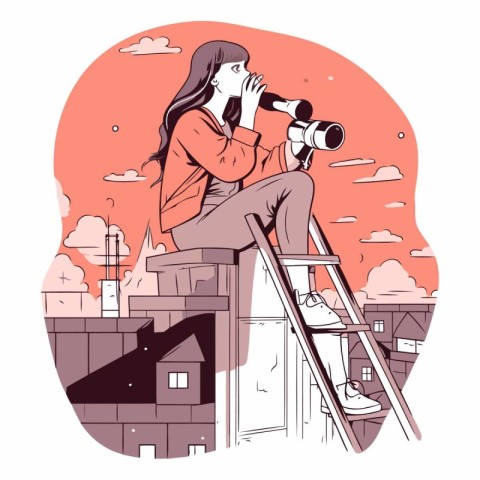 Young woman looking through binoculars on the roof