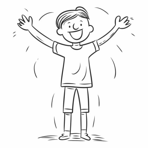 Cartoon happy boy raising his hands in the air.