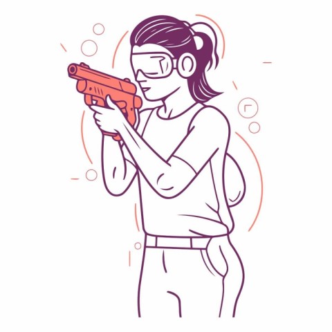 Girl with a gun in her hand in doodle style.