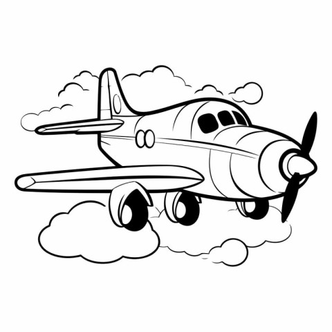 airplane flying in the clouds icon cartoon black and white vecto