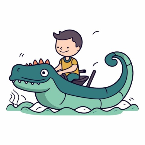 Cute little boy riding a crocodile boat.