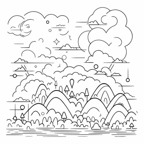 Landscape with mountains and clouds in line art style.